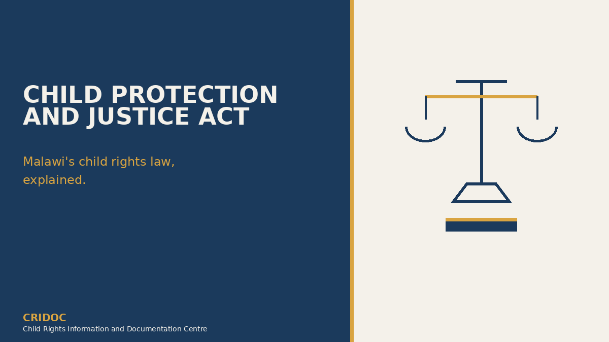 Child Protection and Justice Act Malawi banner with scales of justice and book icon