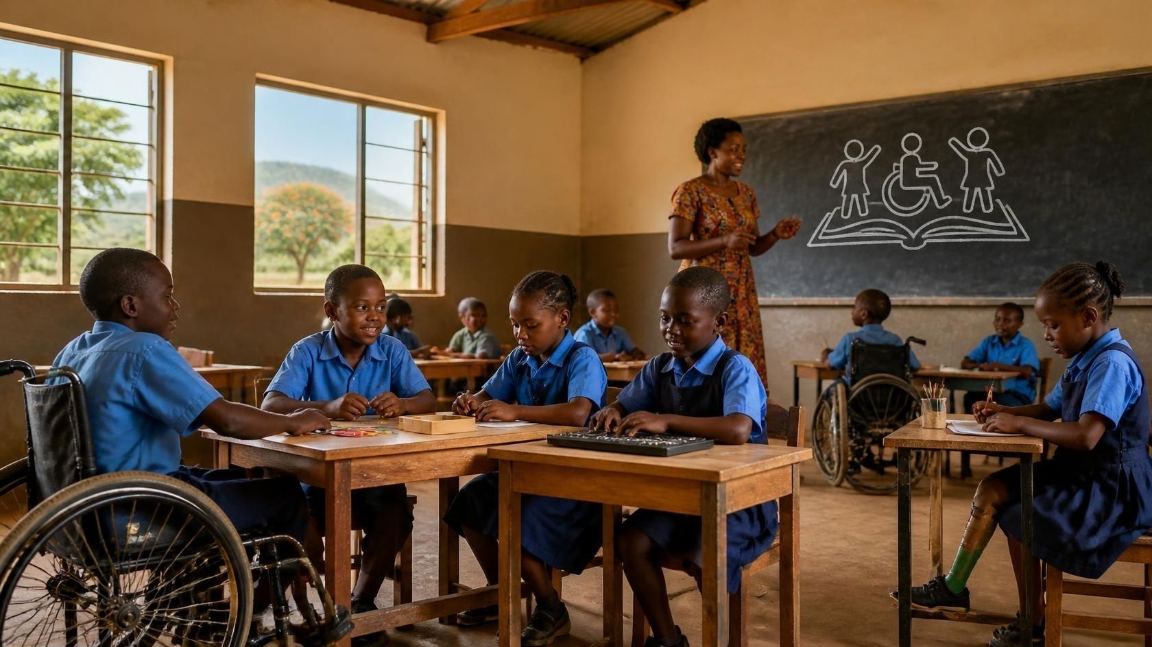 Children with disabilities in Malawi banner in an inclusive classroom